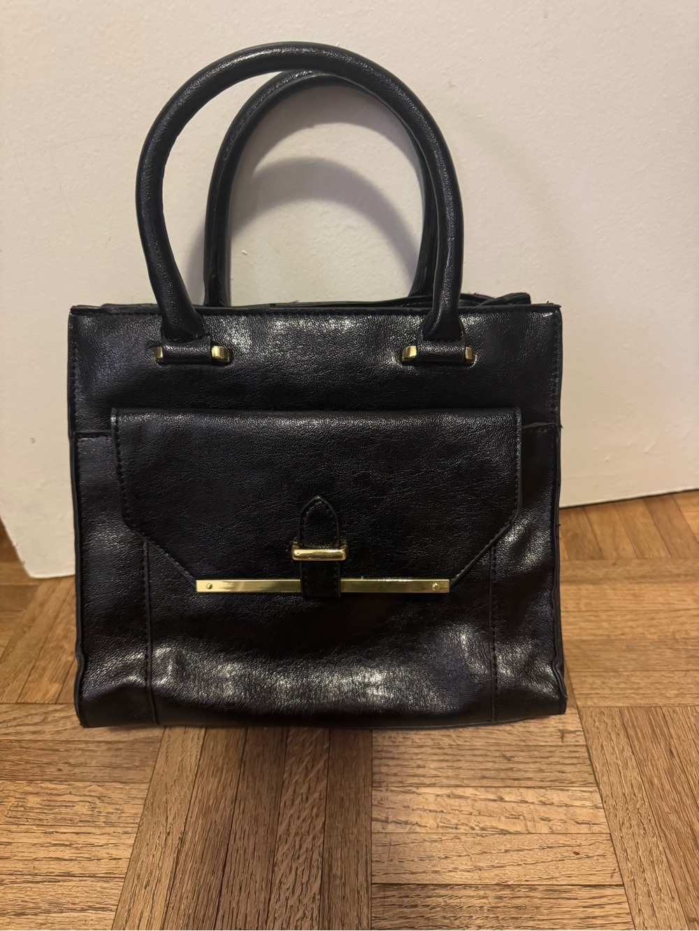 Source Unknown Black Leather Satchel with Gold Bar Accent